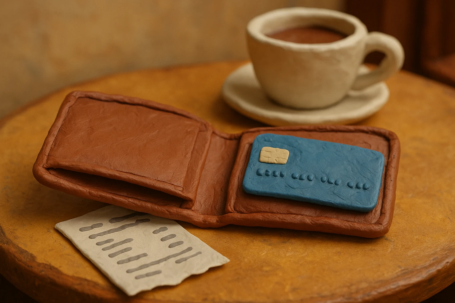 A close-up of a wallet open on a café table, with a credit card partially visible next to a paper receipt detailing a business lunch, coffee cup in the background.