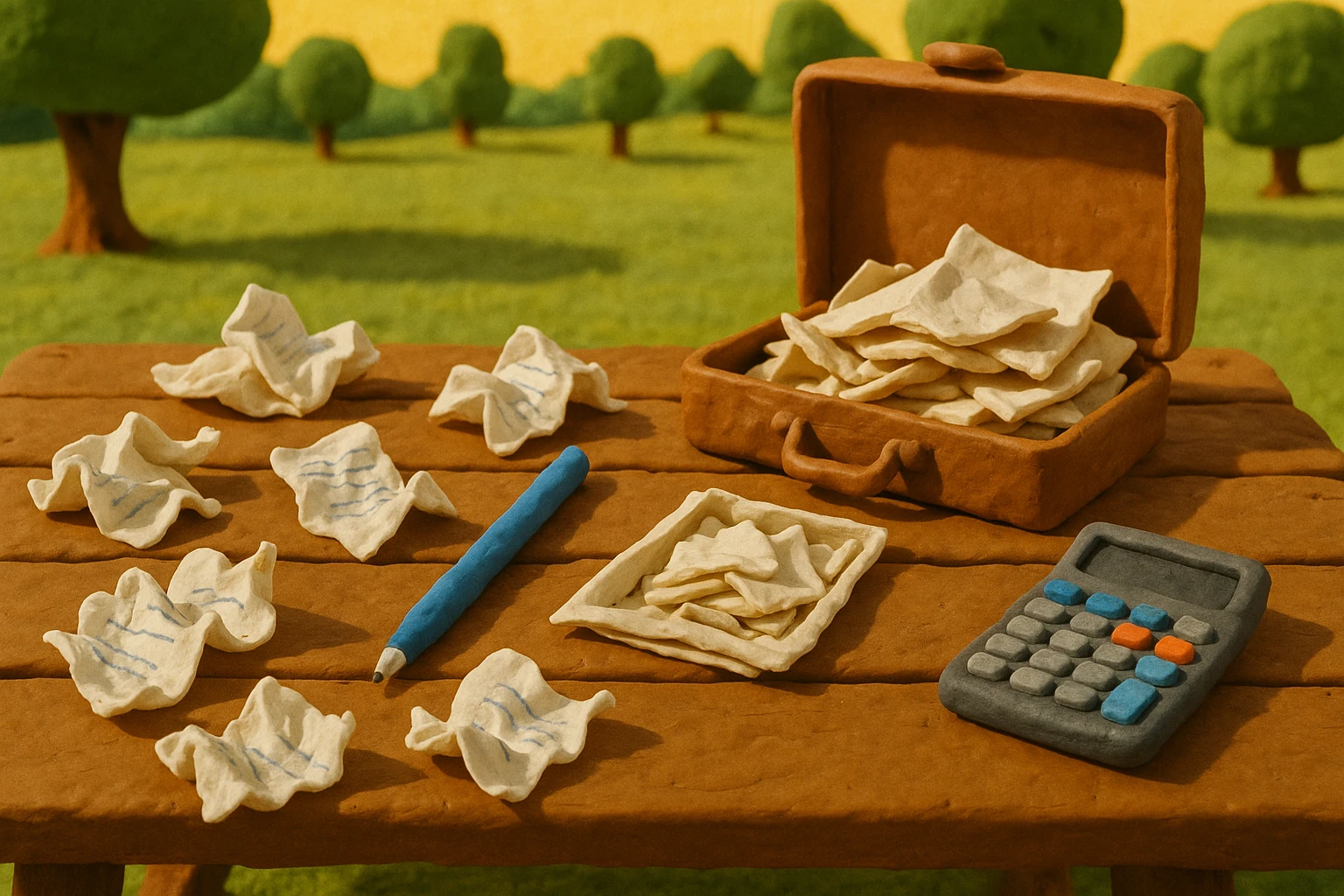 A collection of crumpled receipts, a pen, and a calculator spread across a wooden picnic table in a sunny park, with a briefcase open to reveal a disorganized pile of expense claim forms.