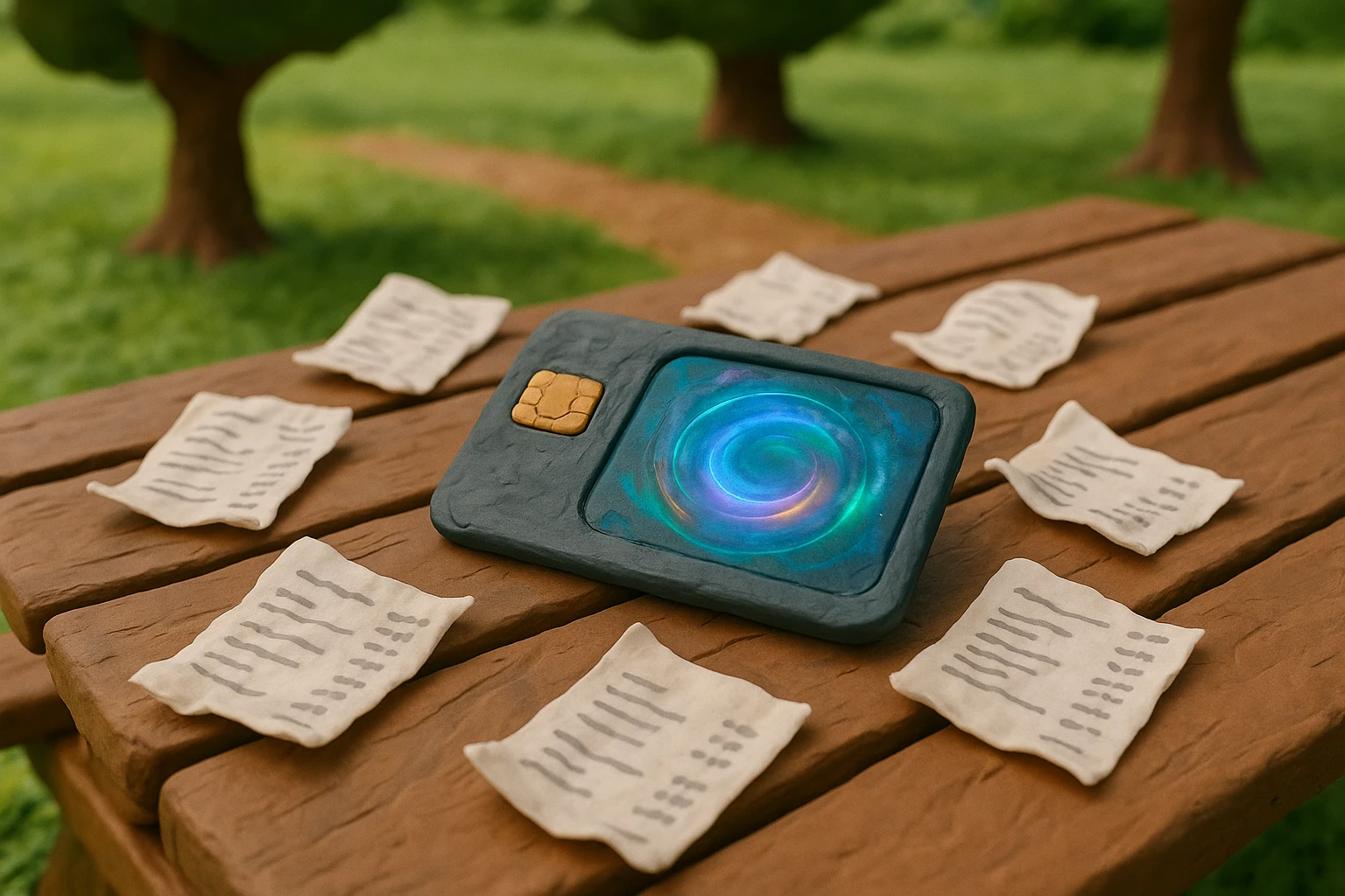 A close-up of a sleek payment card embedded with a futuristic holographic display, surrounded by scattered expense receipts on a wooden picnic table in a park setting.