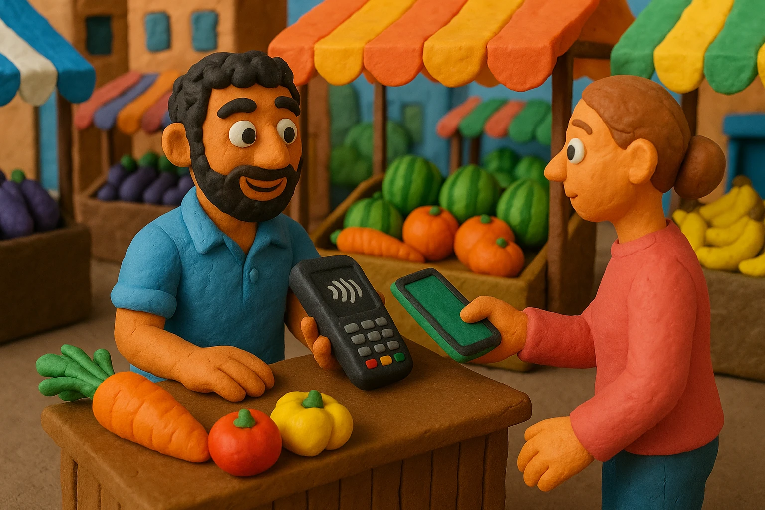 A vibrant street market scene with colorful stalls, where a small business owner uses a mobile device to scan a payment on a sleek contactless payment terminal, showcasing the seamless integration of technology in everyday transactions.