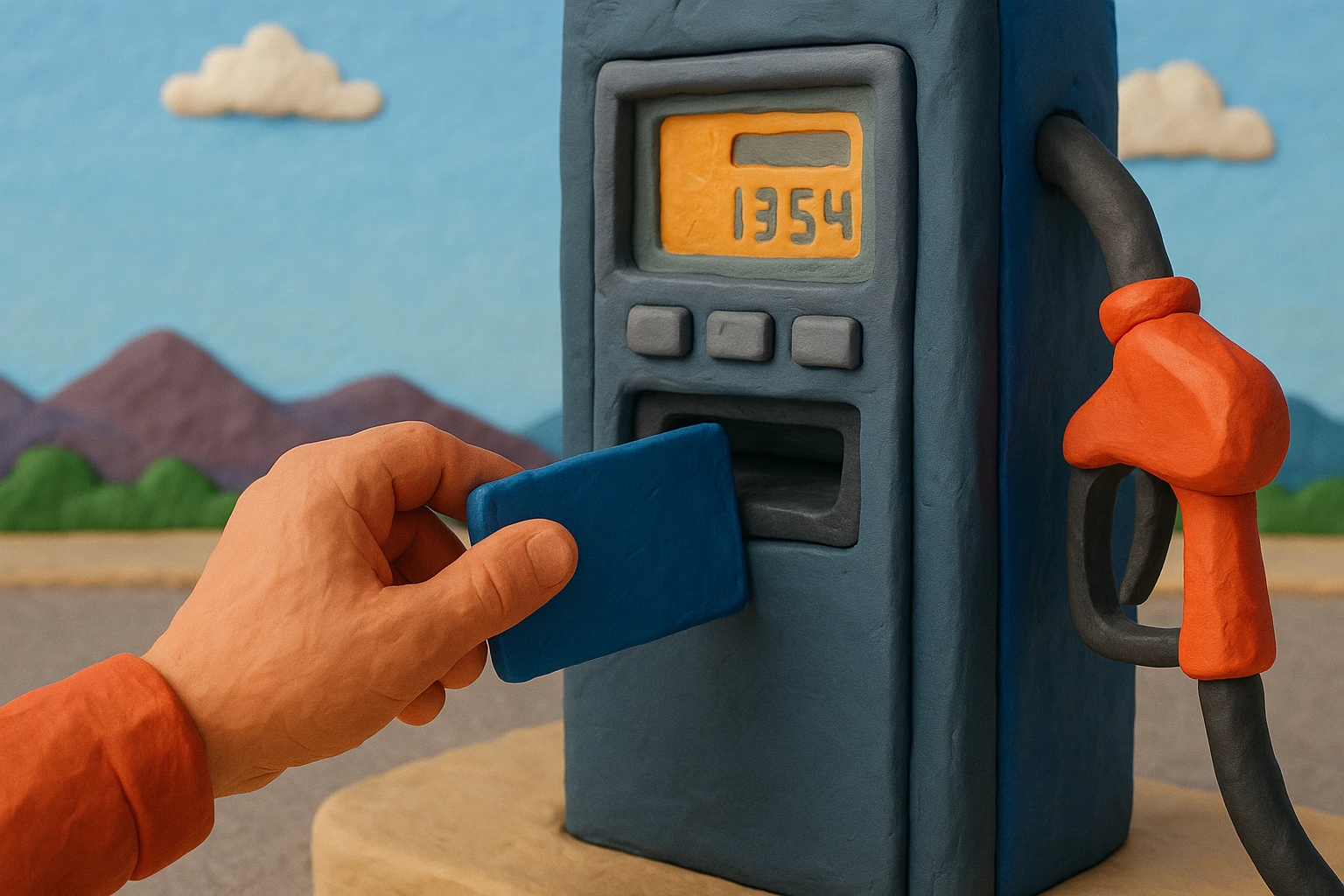 A fuel card being inserted into a sleek gas pump at a modern outdoor station, with a digital display showing transaction details against a backdrop of clear blue skies and distant mountains.