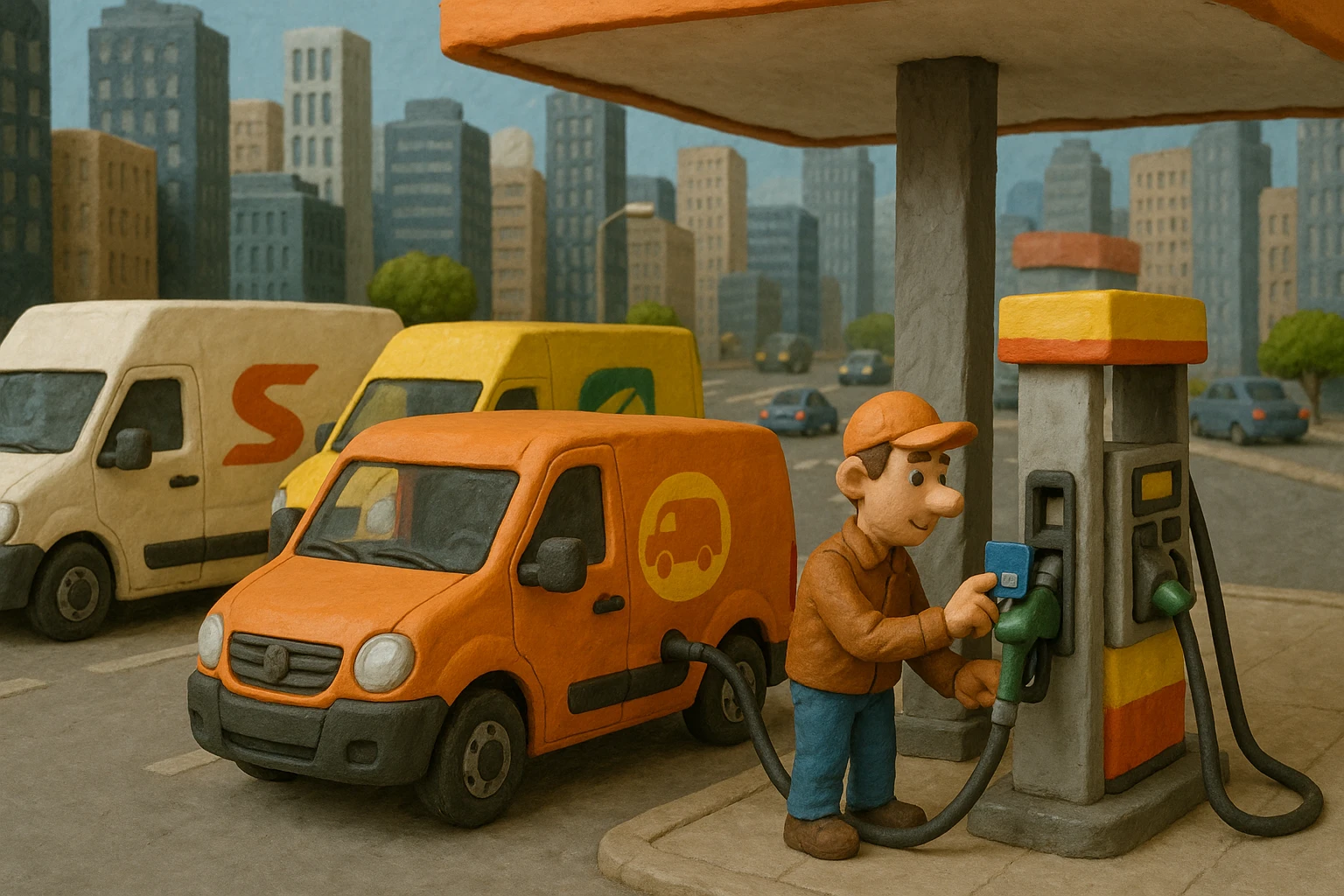 A fleet of delivery vans parked at a bustling urban fuel station, each adorned with company logos, as one van driver uses a fuel card at the pump, with skyscrapers and city traffic in the background.