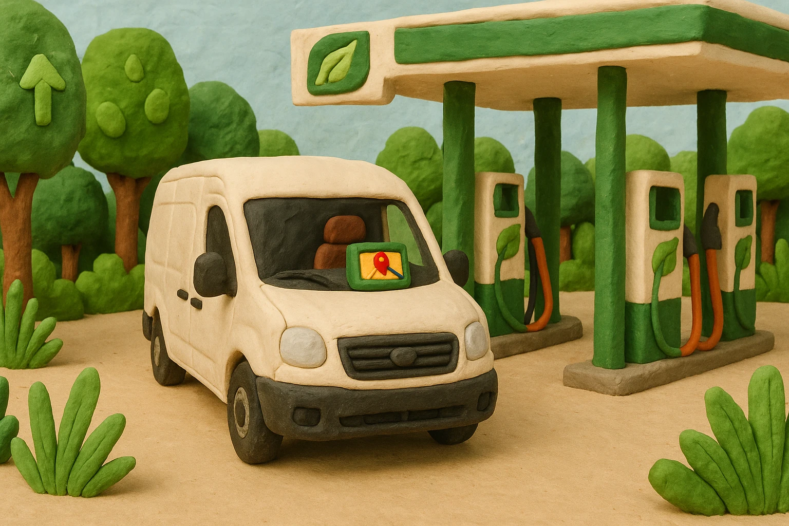 A fleet vehicle equipped with a GPS tracking device labeled 