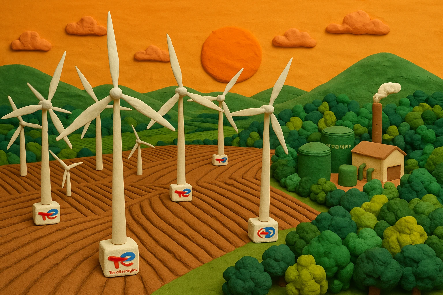 Aerial view of a sprawling wind farm with turbines featuring the TotalEnergies logo on their bases, set against a background of rolling hills and a setting sun, contrasting with a nearby Greenway-branded biofuel plant surrounded by dense, vibrant forest.