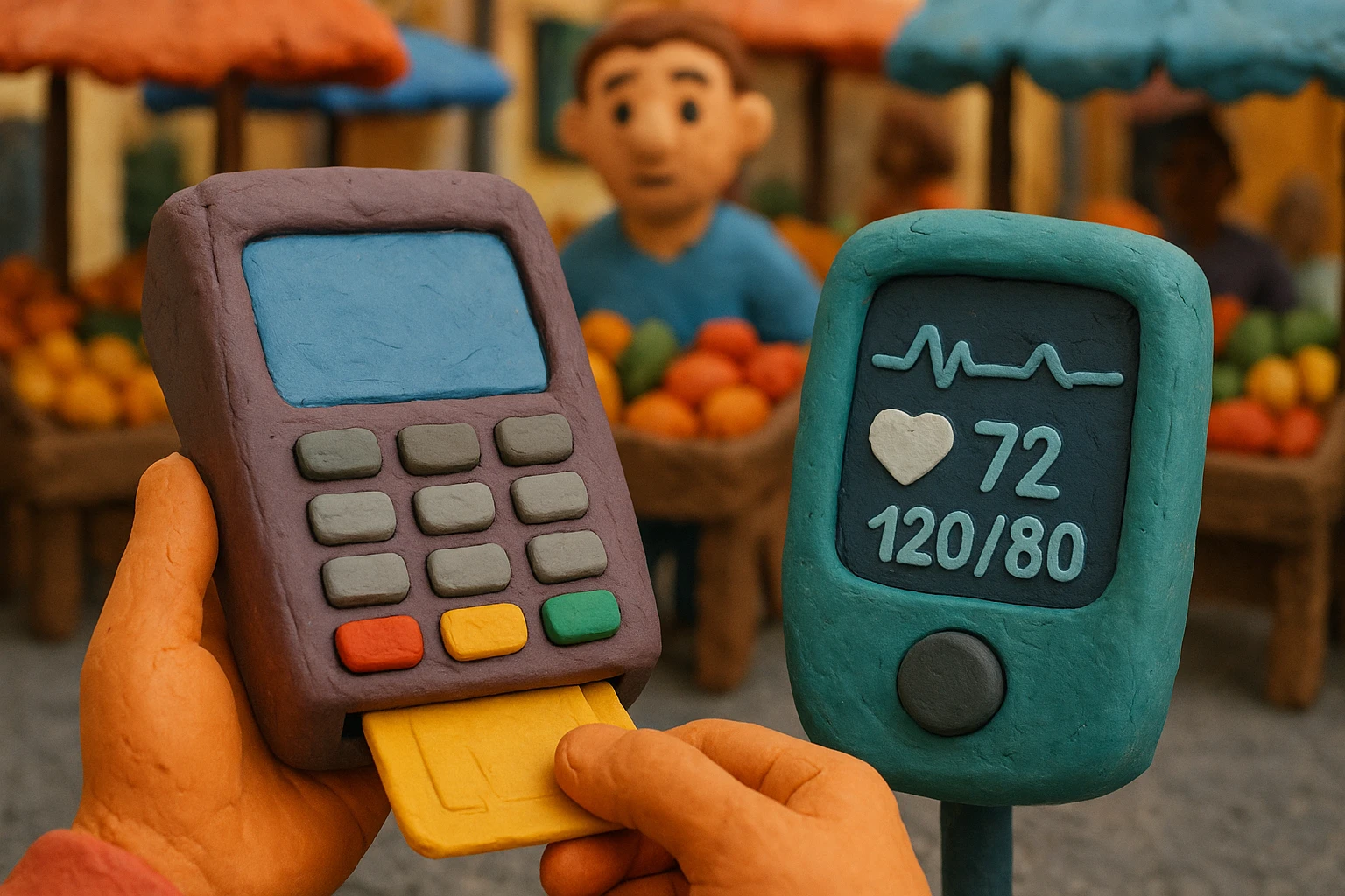 A close-up of a digital payment terminal branded with 