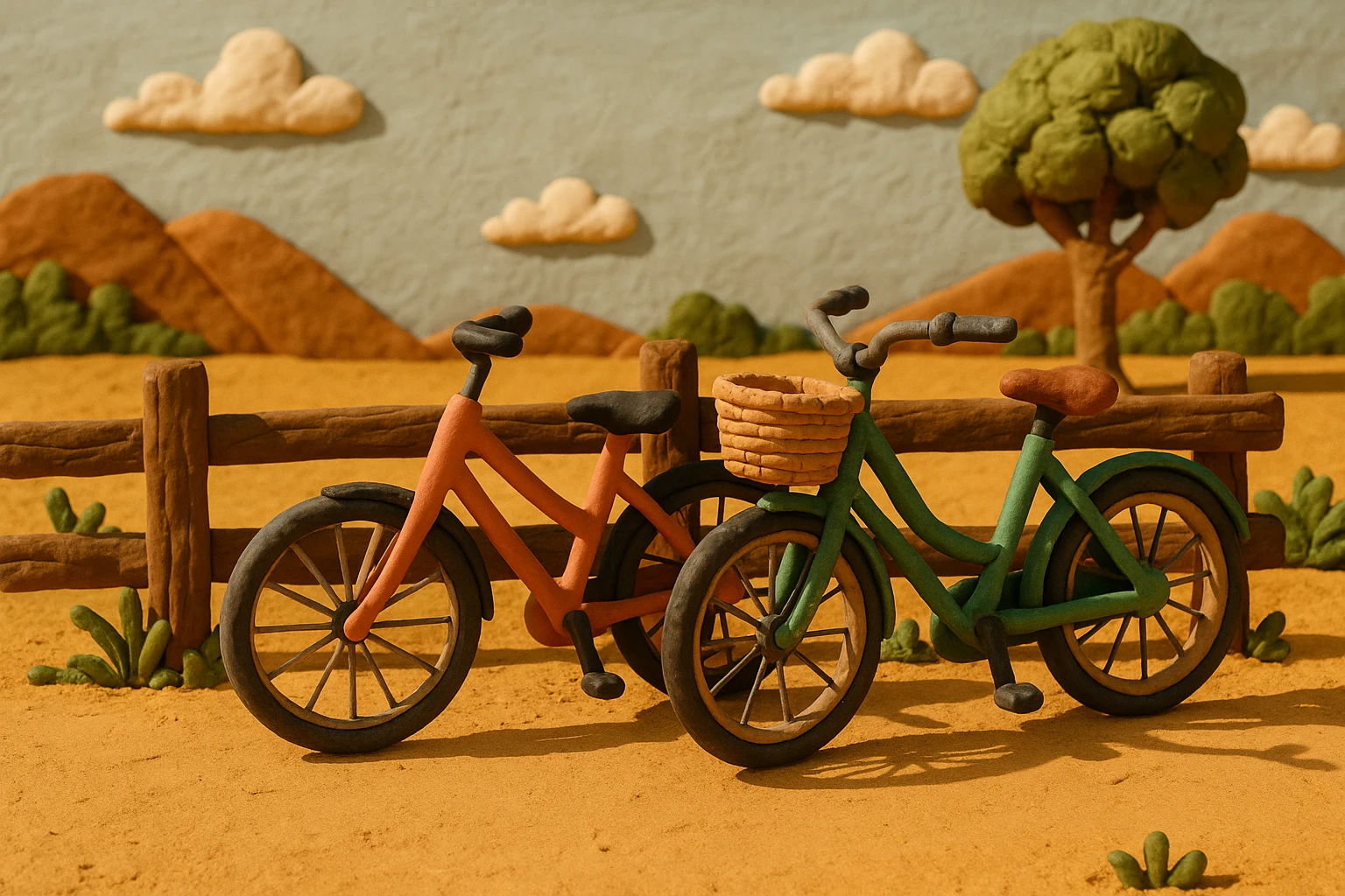 A serene outdoor setting with two bicycles leaning against a wooden fence; one bike has a sleek, modern design labeled 