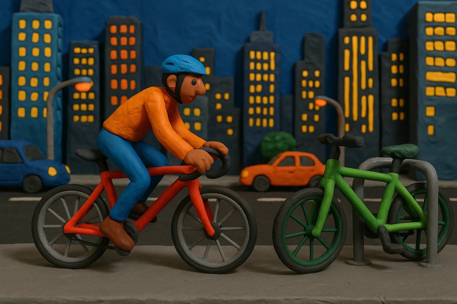 In a bustling city street, a cyclist maneuvers a sleek, aerodynamic Swill bicycle through traffic with ease, its lightweight frame gleaming under bright urban lights, while a Greenway bike hitches to a nearby rack, its robust eco-friendly build standing out with vivid green detailing against a backdrop of modern skyscrapers.