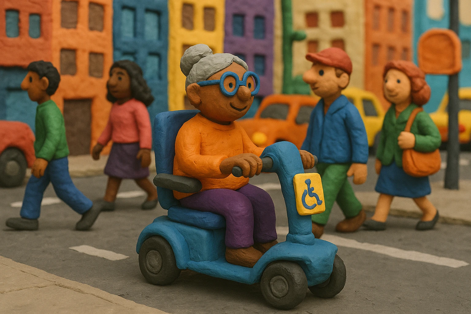 A person smoothly navigating a busy city street using an advanced mobility scooter, with a visible mobility card securely placed near the handlebar, showcasing accessibility and inclusivity in urban environments.