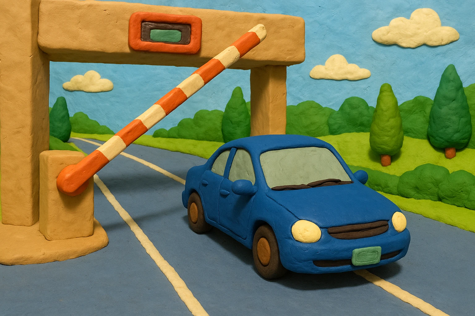 A sleek vehicle smoothly passing through an open toll gate on a bright highway, a small electronic badge clearly visible on the windshield, surrounded by lush greenery and a clear blue sky.