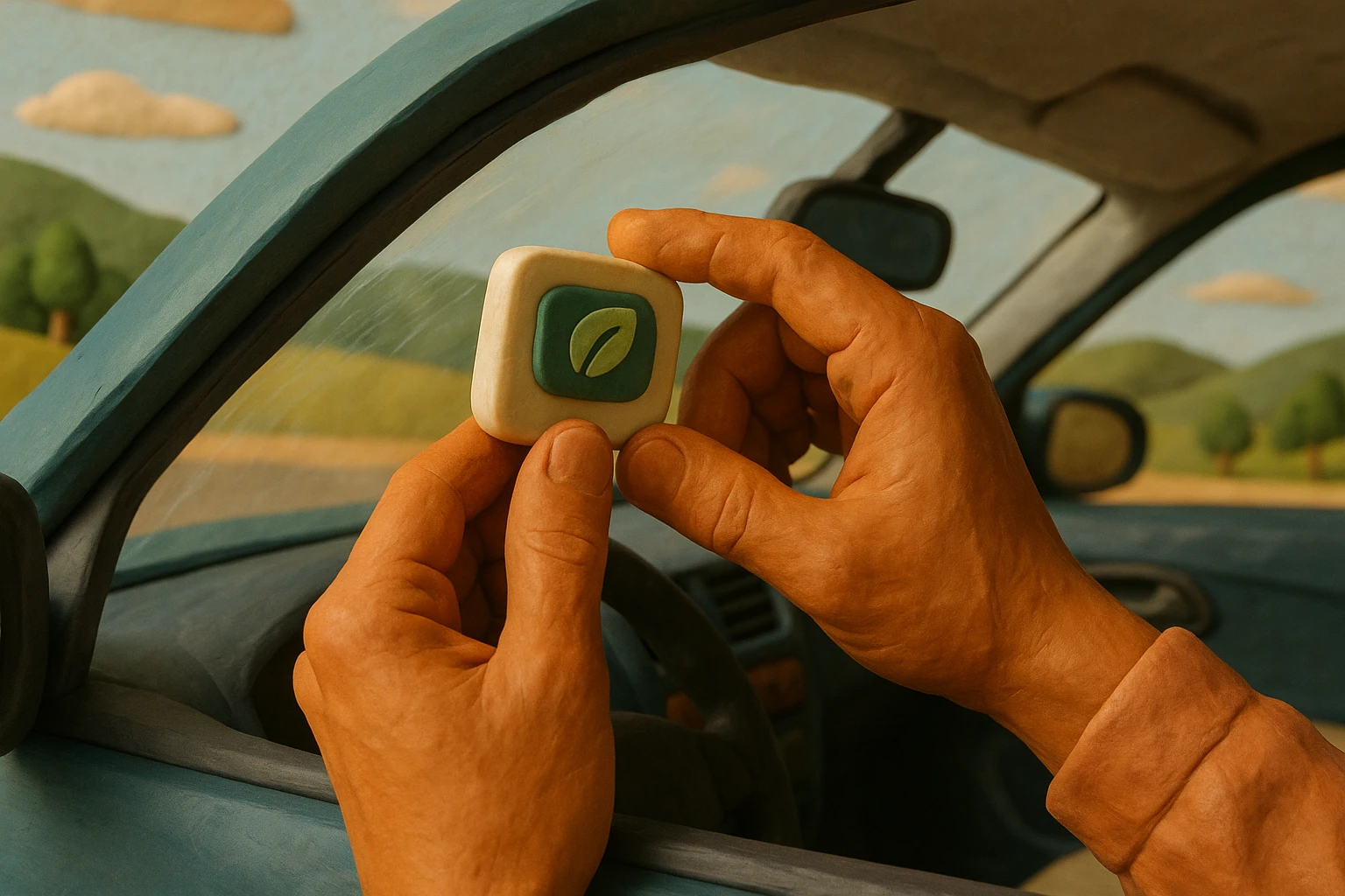A close-up of a telepéage badge being attached to the windshield of a sleek car parked in a sunlit rest area, with a Greenway logo on the badge and rolling hills in the background.