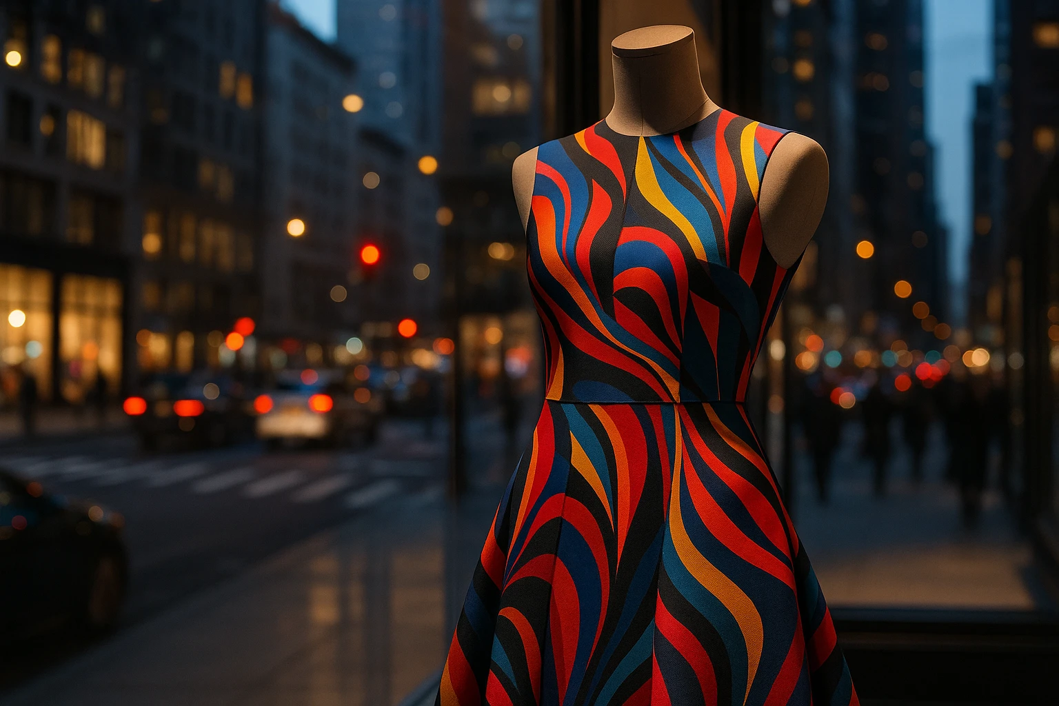 A sleek, avant-garde dress displayed on a mannequin in the window of a chic NYC boutique, surrounded by city lights and bustling street scenes, featuring bold patterns and vibrant colors that echo the energy of New York.