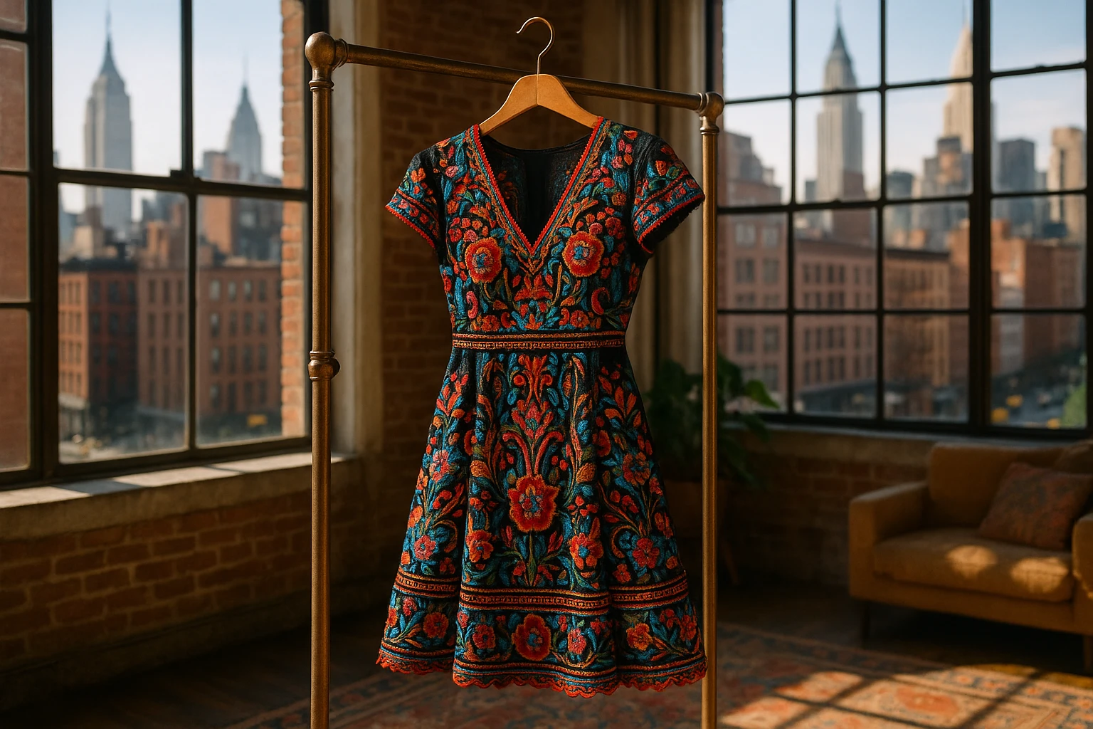 A vibrant, intricately embroidered dress hanging elegantly on a vintage clothes rack in a sunlit, bohemian-styled New York loft, with large windows offering a view of iconic skyscrapers and the bustling street below, embodying the city's eclectic and bold fashion spirit.