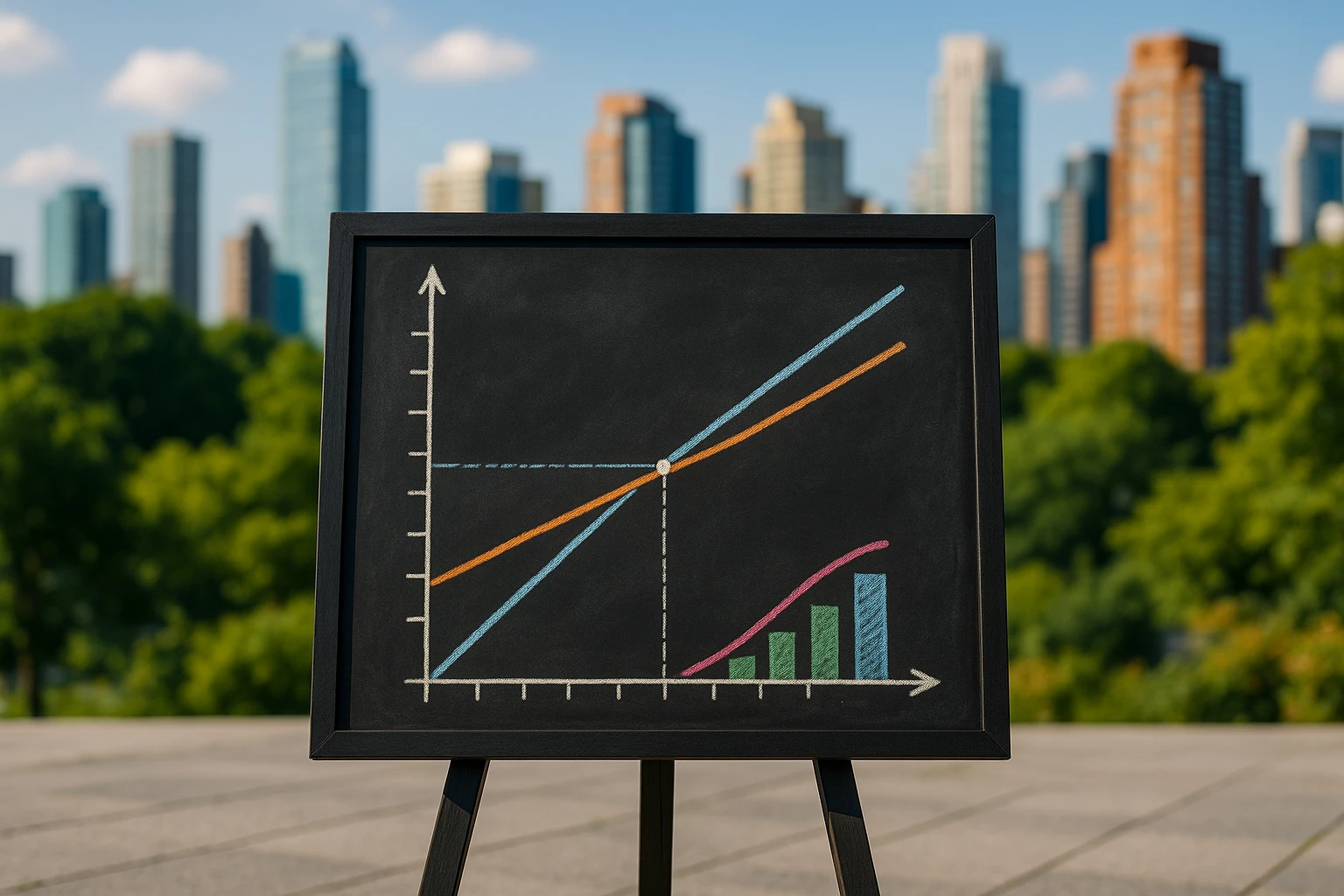 A detailed chalkboard illustration outdoors with colorful graphs and equations showing revenue and cost lines intersecting at the break even point, set against a vibrant cityscape in the background.