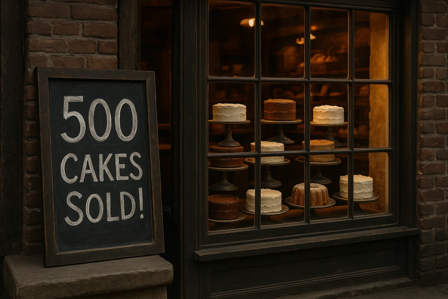 A rustic bakery storefront with a large chalkboard sign displaying 