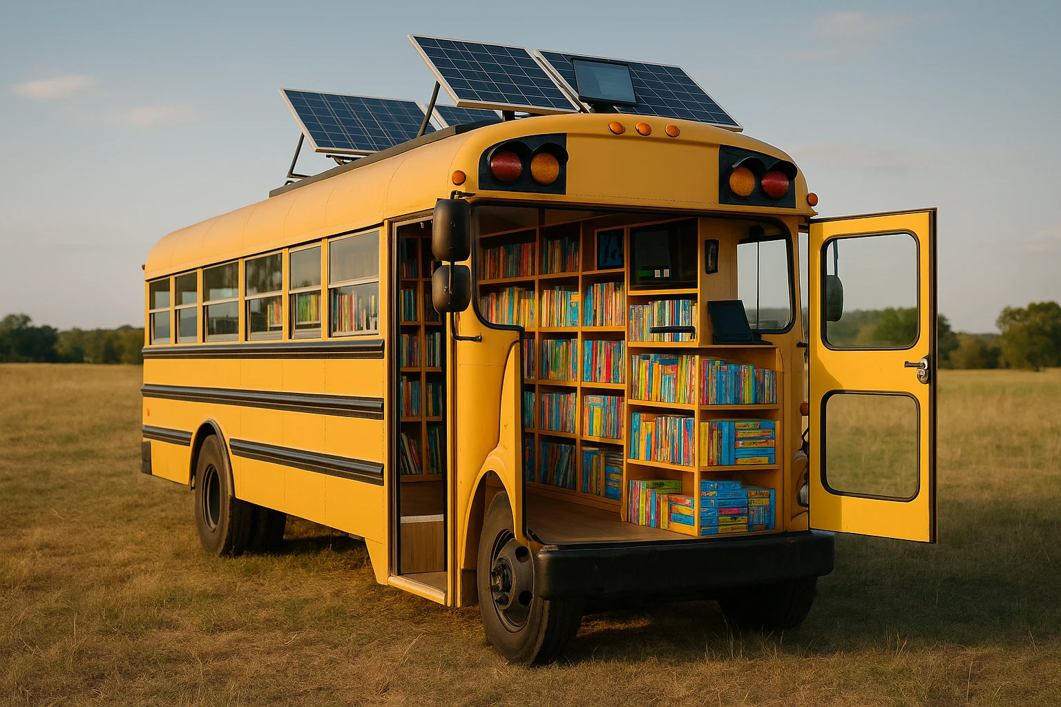 A converted school bus parked in a rural field, its side doors open wide to reveal bookshelves filled with colorful educational resources, while solar panels on the roof power digital teaching tools inside.