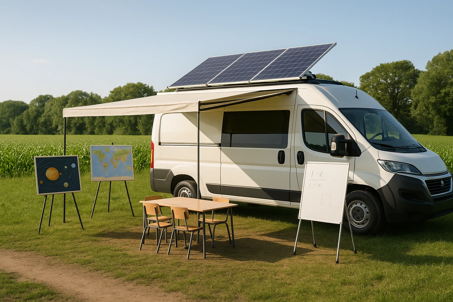 A solar-powered van transformed into a mobile classroom, parked beside a lush green field with a canopy extending to create a shaded outdoor learning space; educational posters and portable whiteboards are set up around the area.
