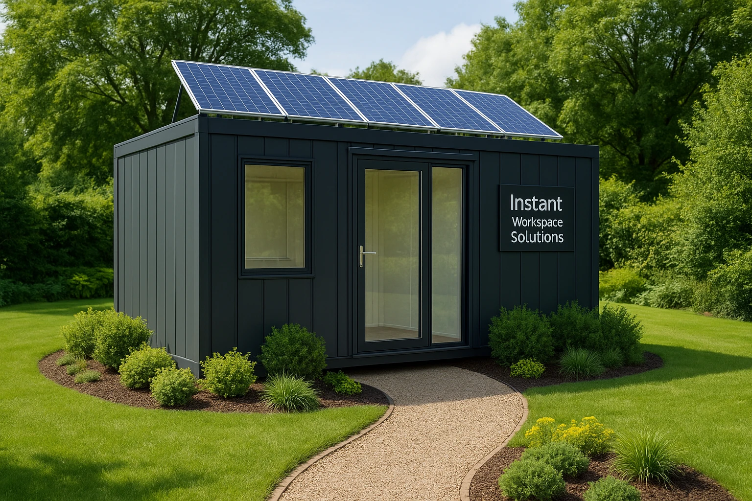 A sleek, modern portable building in a lush green outdoor setting, featuring solar panels on its roof and a sign that reads 