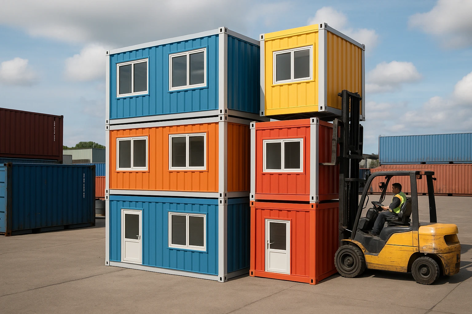 A cluster of modular portable buildings set in an industrial area, showcasing a stackable design with vibrant interchangeable panels, surrounded by shipping containers and forklifts maneuvering to demonstrate easy customization and adaptability.