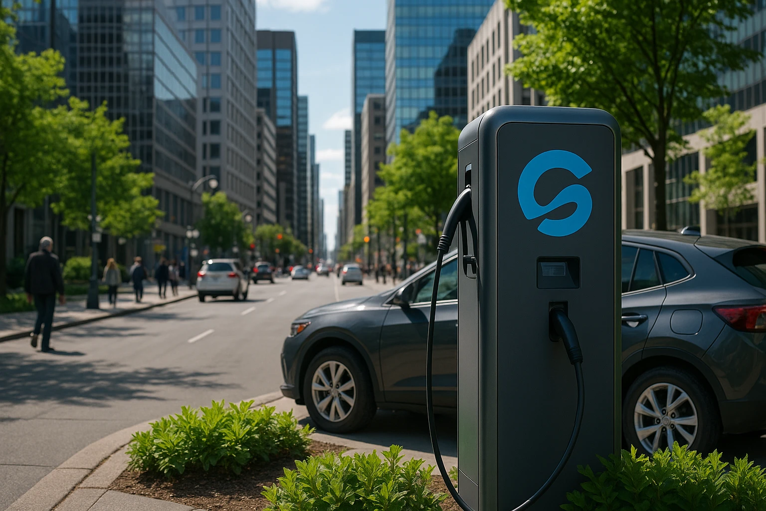 A bustling Ottawa street scene featuring a tech startup's logo prominently displayed on an electric vehicle charging station, surrounded by greenery with a backdrop of modern skyscrapers representing the city's tech innovation.