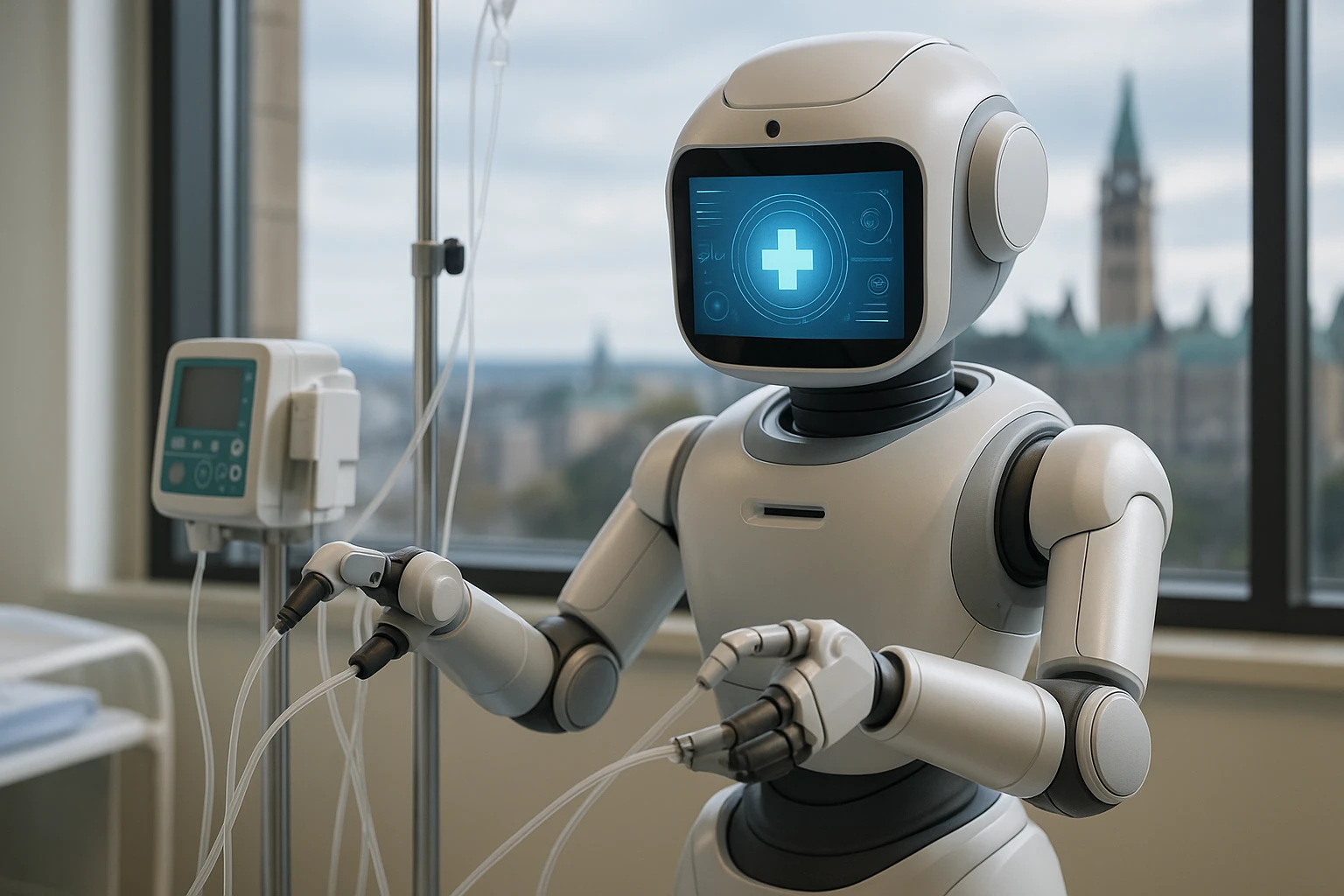 A close-up of a healthcare robot assisting in a hospital setting, featuring its advanced interface and robotic arms interacting with medical equipment, with an Ottawa skyline visible through a large window in the background.