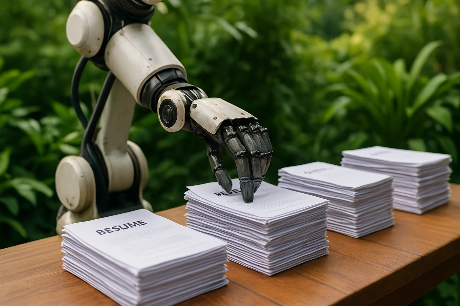 A close-up of a robotic arm sorting and organizing stacks of resumes into neat piles on a wooden table surrounded by vibrant green plants, symbolizing automation and efficiency in a natural outdoor setting.