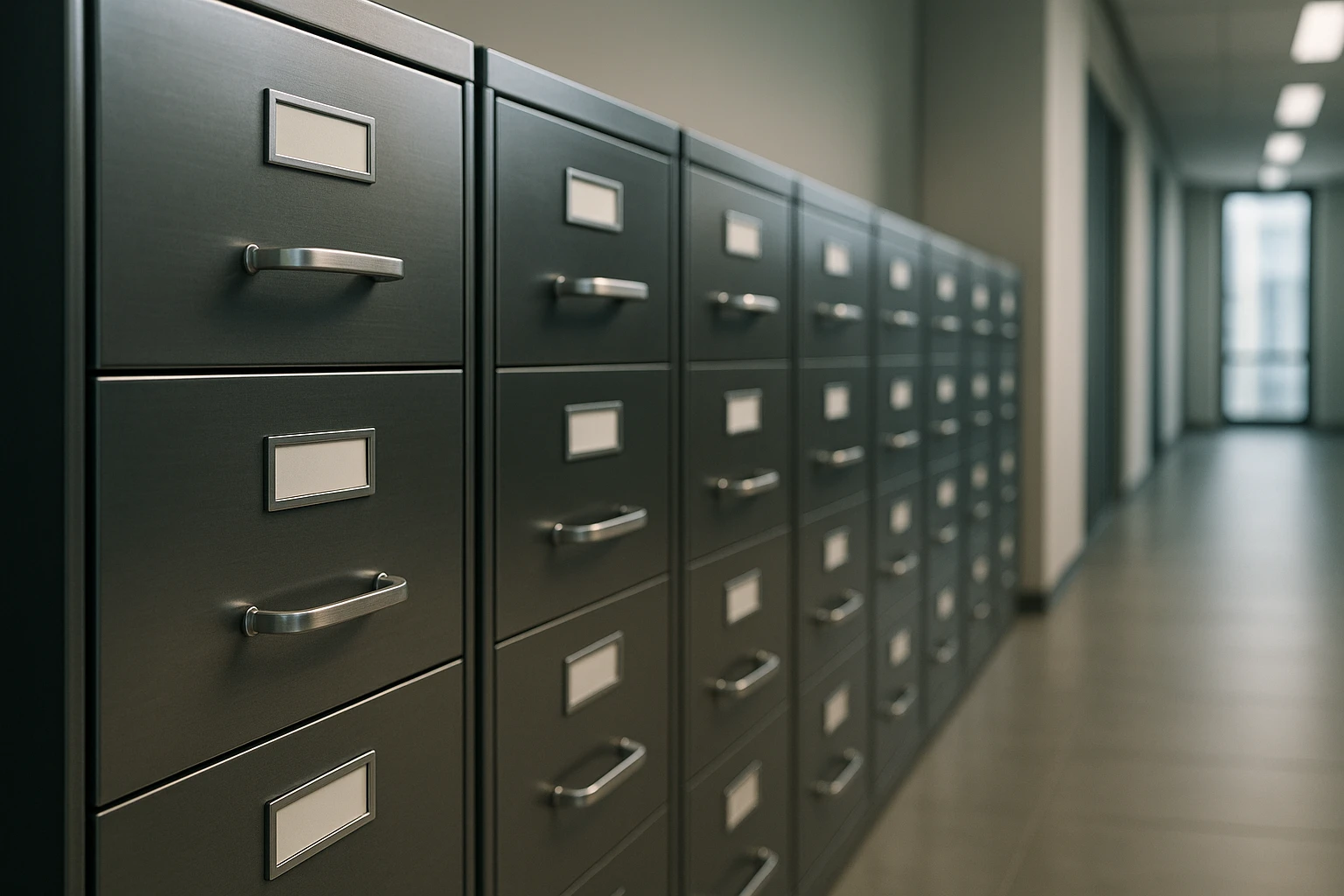 A row of sleek, metallic filing cabinets in a modern office hallway, each drawer labeled with different stages of recruitment, highlighting the organization and structure provided by implementing an applicant tracking system.