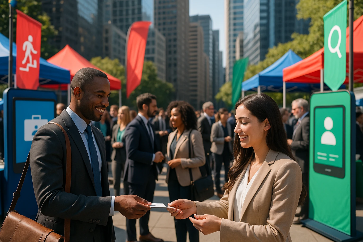 A bustling outdoor job fair with colorful banners and booths, showcasing interactive screens displaying recruitment app logos, surrounded by diverse professionals networking and exchanging business cards amidst a backdrop of city skyscrapers.