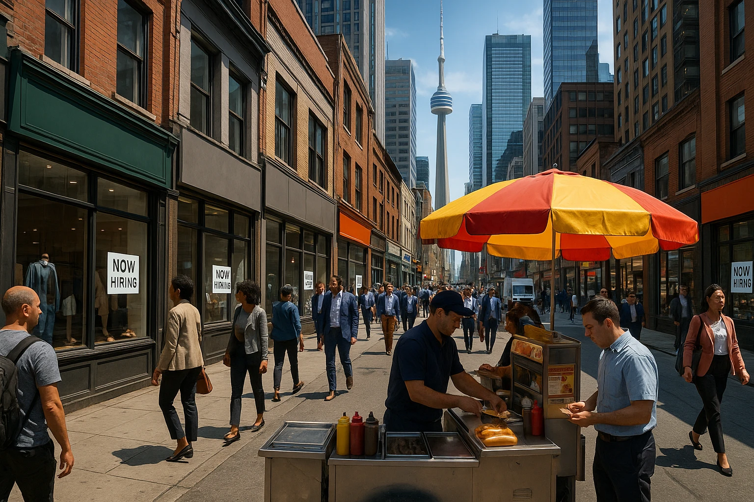 A bustling Toronto street with skyscrapers in the background, featuring a diverse array of storefronts displaying 