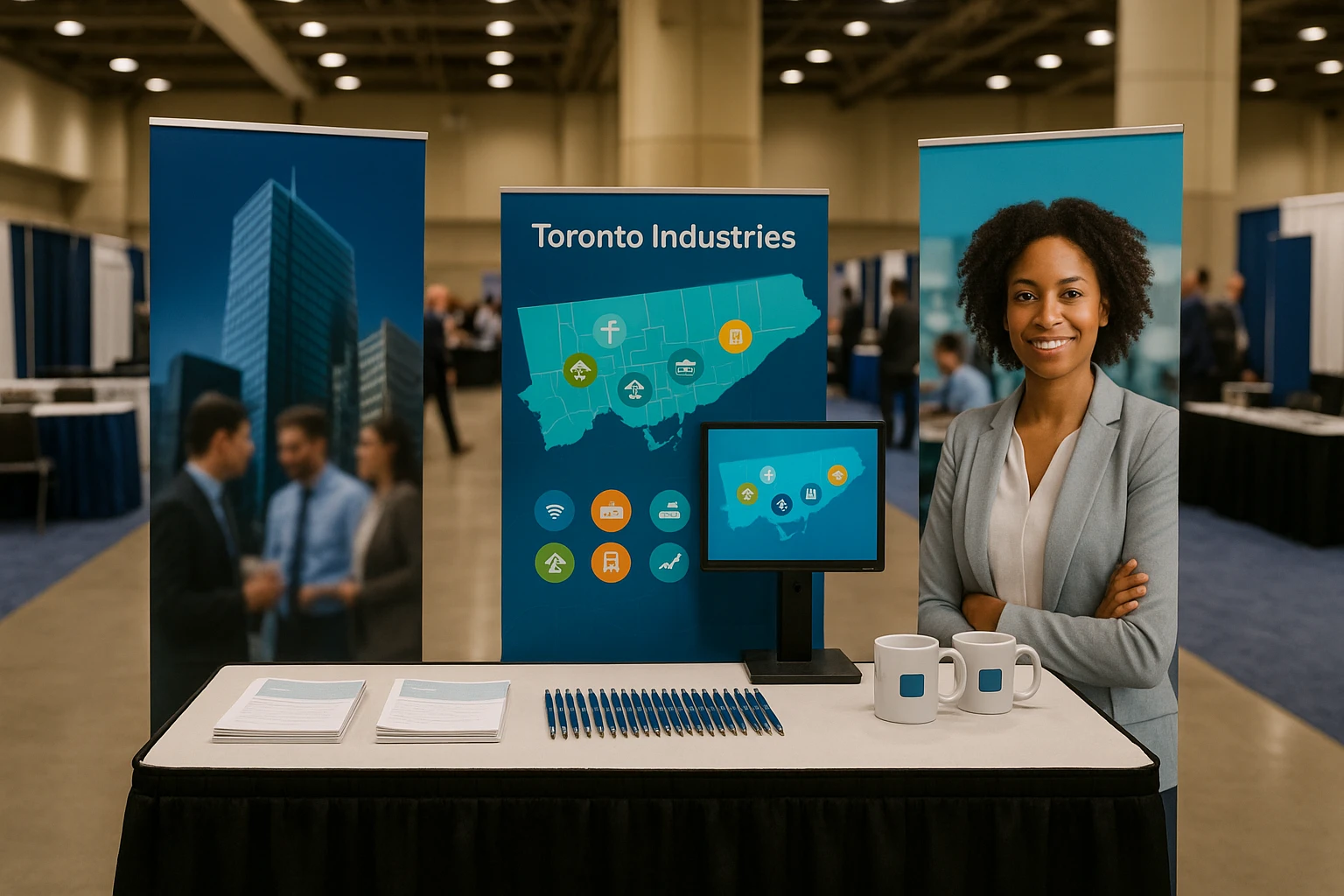 A job fair booth at a Toronto convention center, showcasing company banners and informational brochures, with an interactive display highlighting Toronto's diverse industries and a table of branded merchandise like pens and mugs.