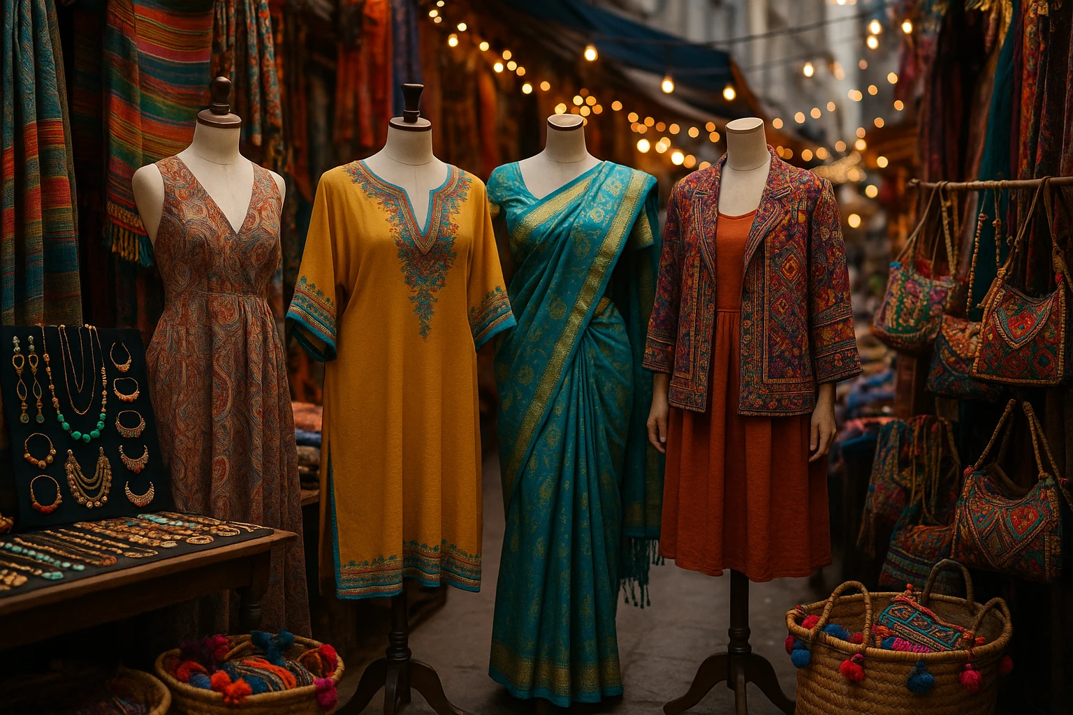 A vibrant street market scene where mannequins display a variety of globally inspired garments, surrounded by colorful textiles, jewelry stands, and handcrafted accessories under festive string lights.