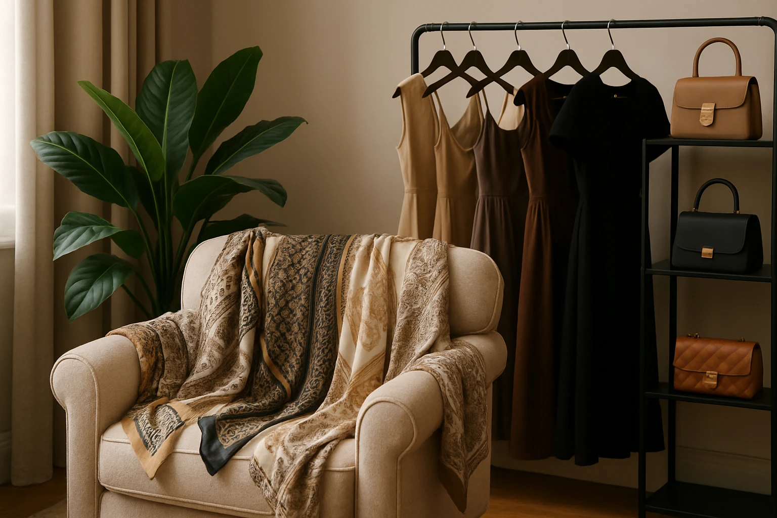 A cozy living room with a plush armchair draped in designer scarves, surrounded by racks filled with elegant dresses and chic handbags, with a large potted plant adding a touch of greenery to the stylish space.