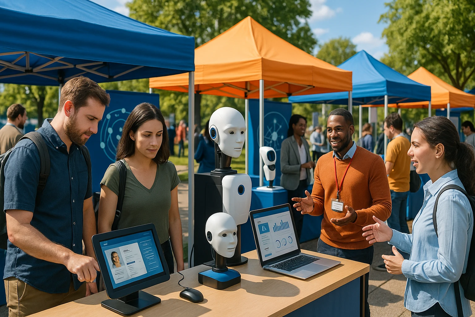 A vibrant job fair outdoors with interactive booths showcasing various hiring solutions, including a display of innovative recruitment tools and technology, surrounded by attendees engaging with hands-on demonstrations.