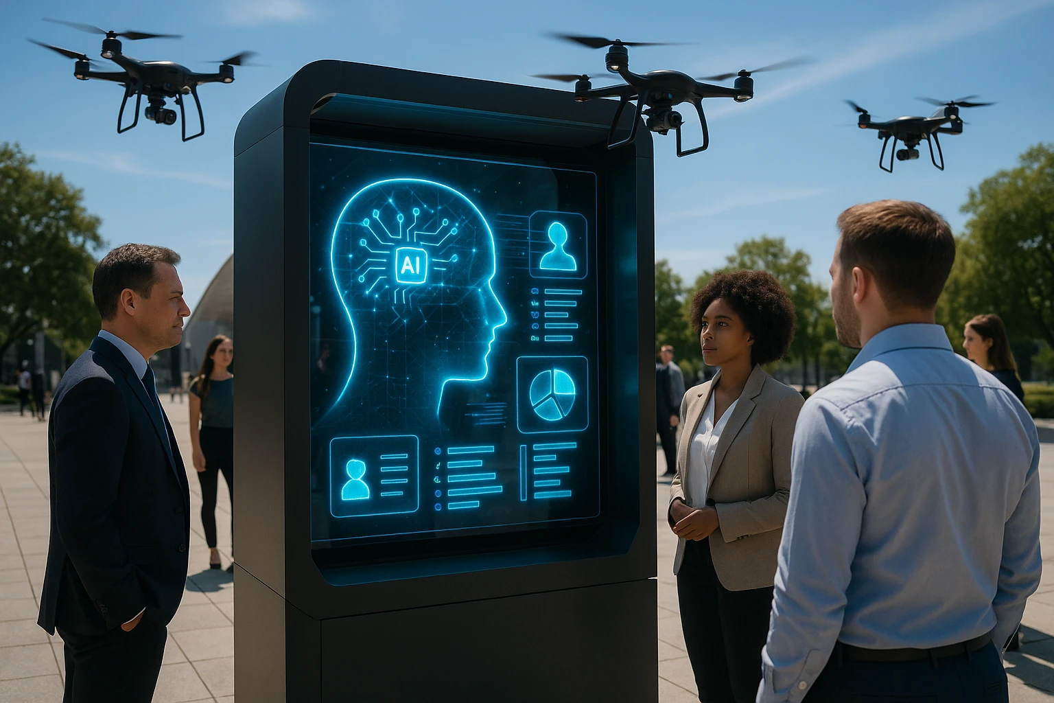 A futuristic outdoor exhibition featuring a holographic display showcasing AI-driven recruitment tools, with drone cameras hovering around, capturing data as onlookers view the interactive demonstrations under a bright sky.