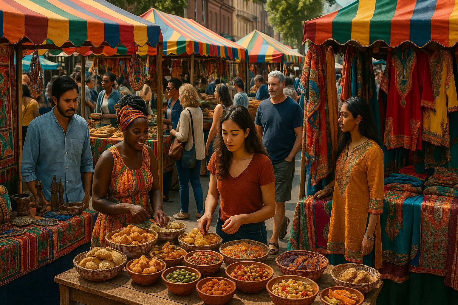 A colorful street market with diverse stalls showcasing ethnic foods, crafts, and traditional clothing, bustling with people of various backgrounds exploring and engaging with vendors.