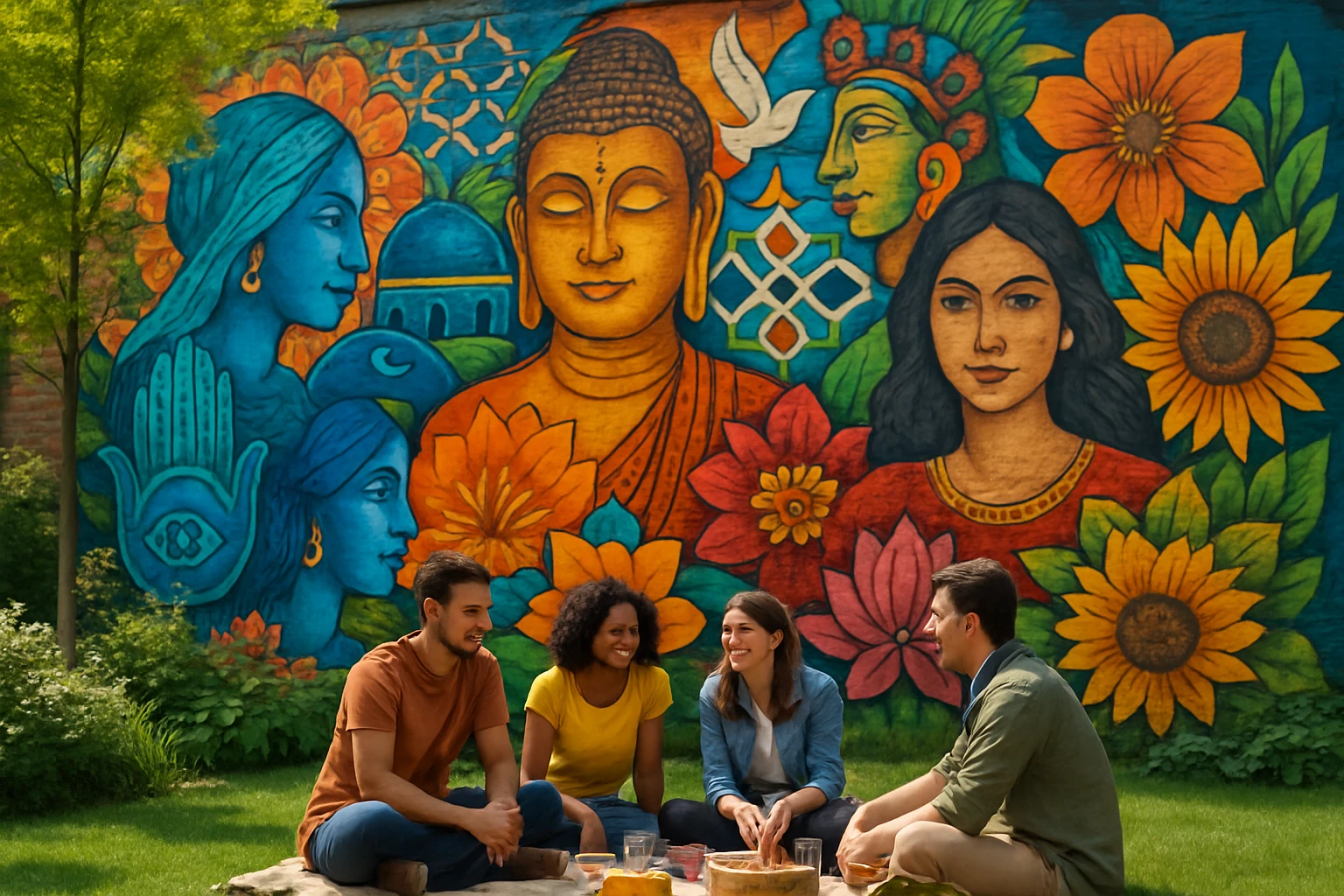A vibrant mural on a city wall featuring a blend of cultural symbols and languages, surrounded by lush greenery and flowers, with a group of people enjoying a picnic in front of it, highlighting a harmonious and diverse community spirit.