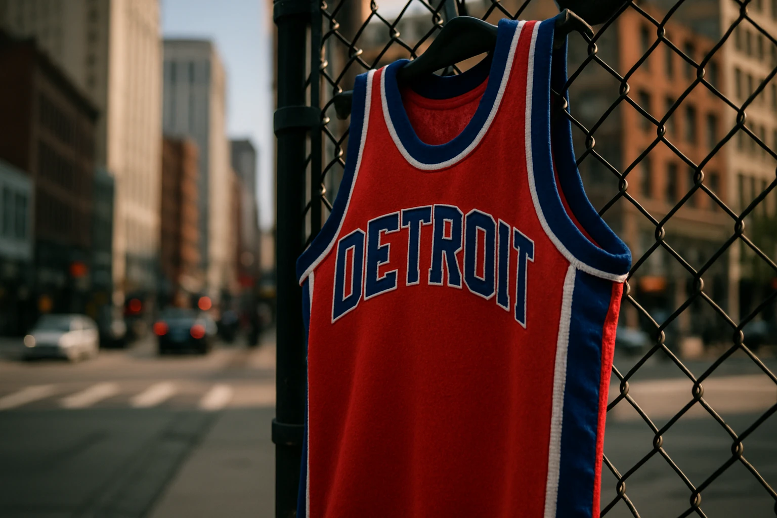 A close-up of a vintage Detroit Pistons jersey hanging on a fence, the iconic red, white, and blue colors standing out vividly against a backdrop of a bustling urban street in downtown Detroit.