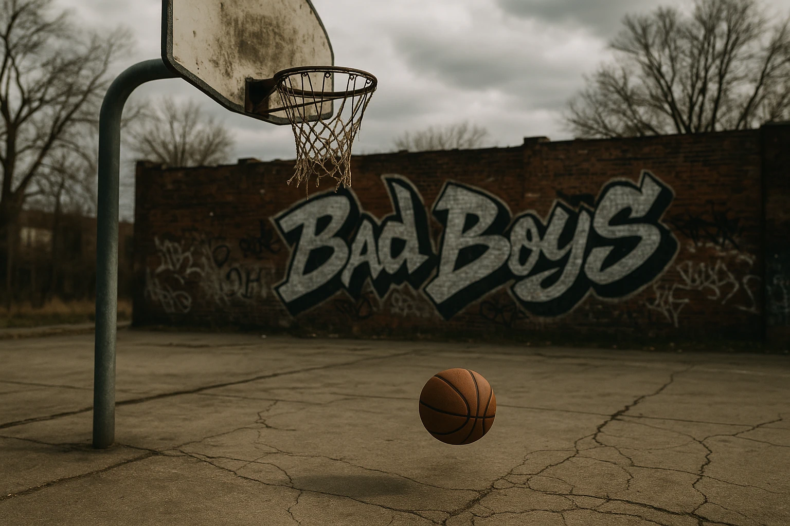 A basketball hoop with a tattered net set against a gritty urban playground in Detroit, graffiti featuring