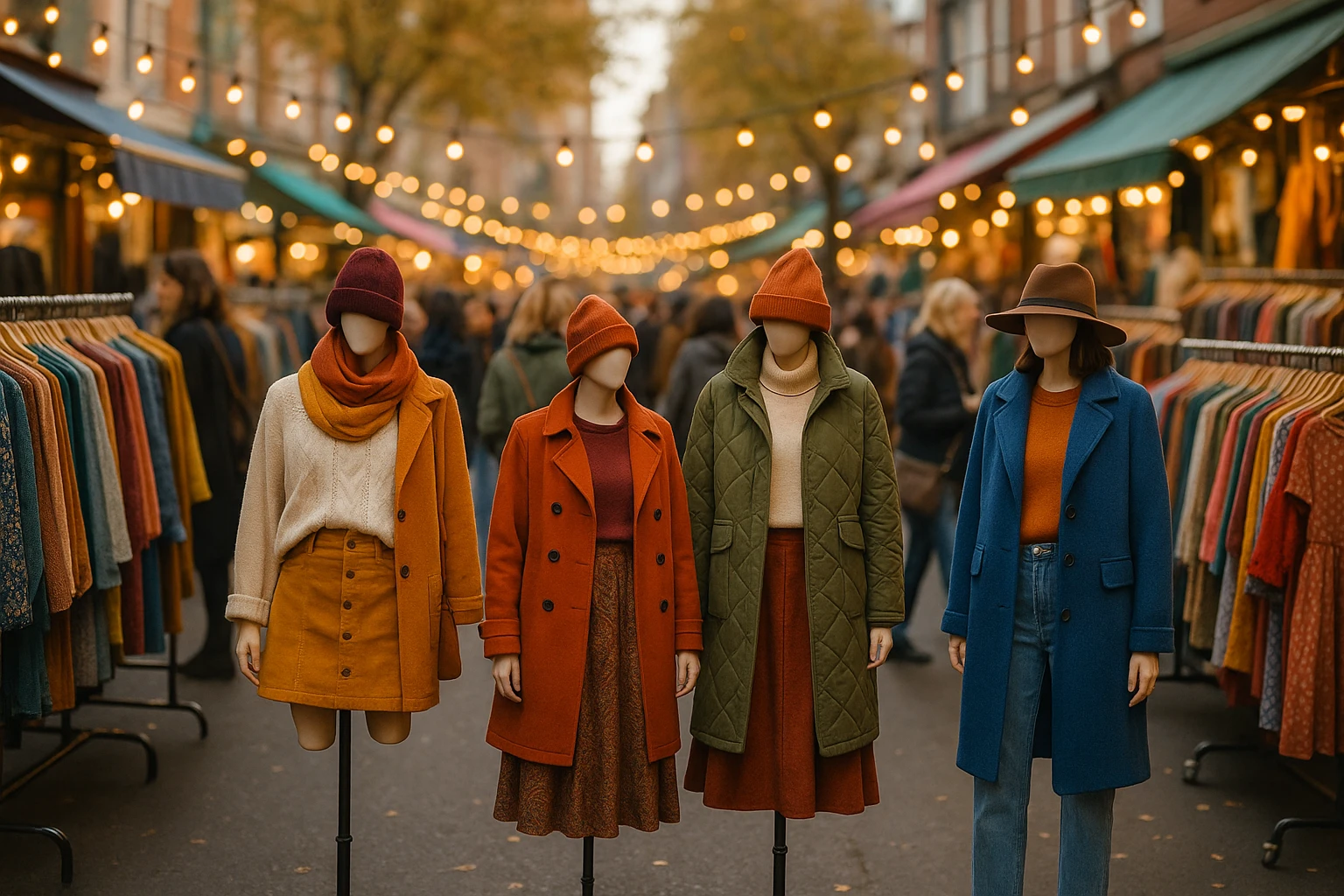 A vibrant street market scene with mannequins dressed in diverse, colorful seasonal outfits, surrounded by racks of the latest fashion styles, with people browsing and shopping under strings of decorative lights.