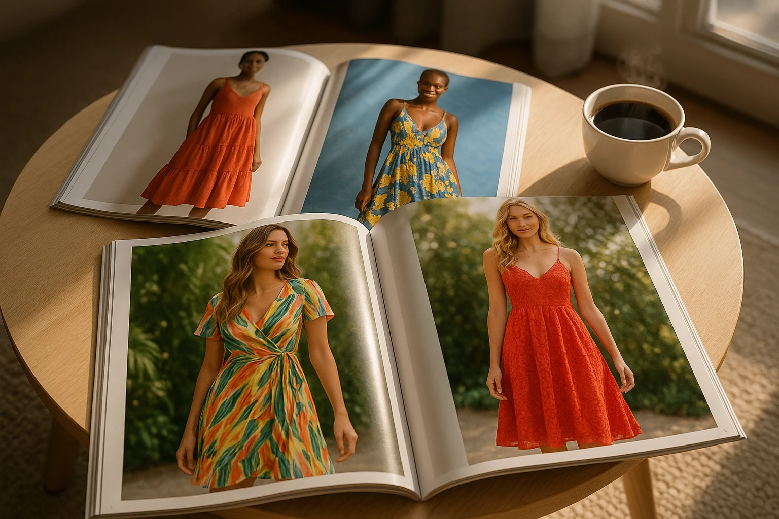 A collection of fashion magazines spread across a cozy coffee table, each open to pages showcasing vibrant, eye-catching seasonal dress styles, with a steaming cup of coffee beside them and sunlight streaming through a nearby window.