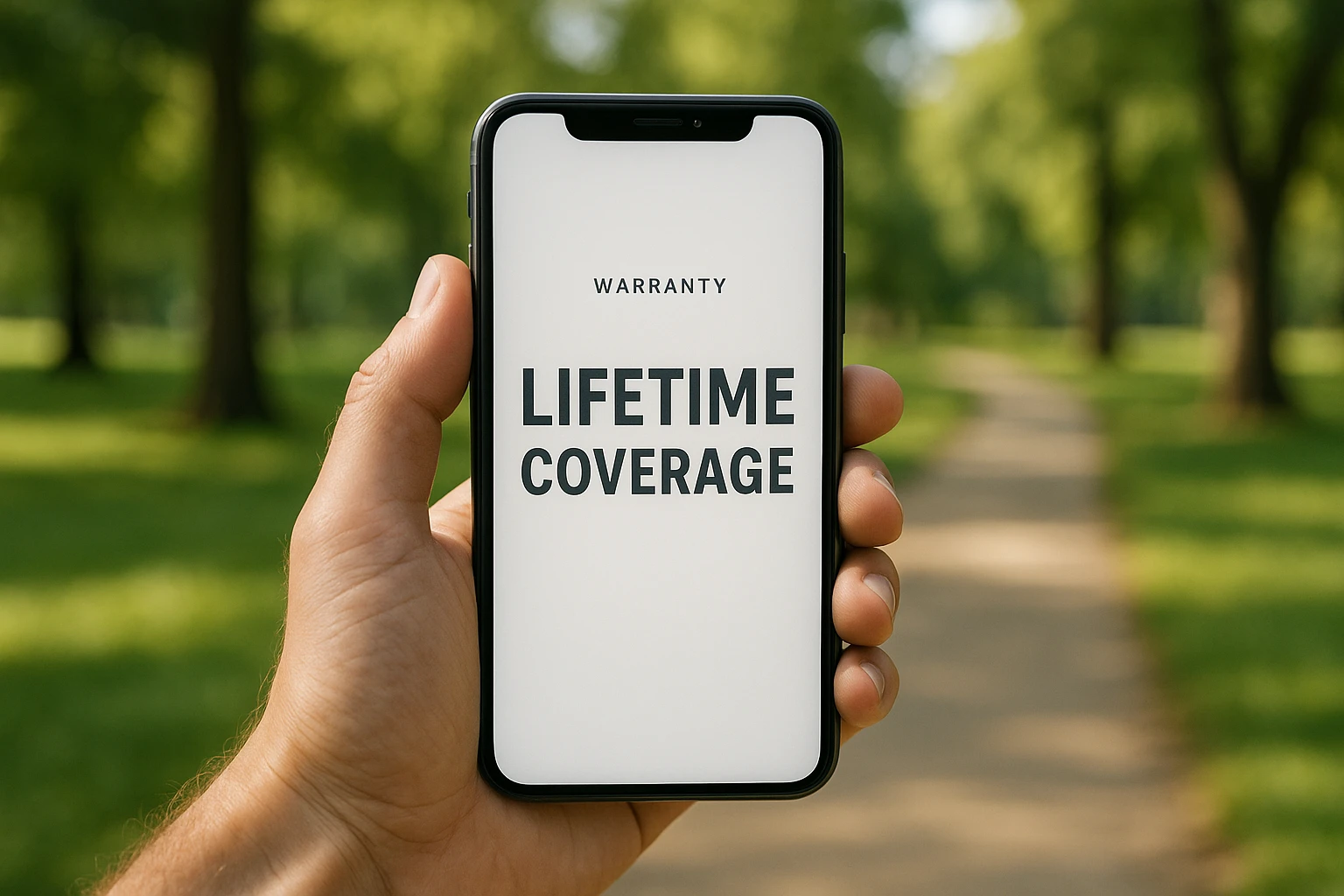 A hand holding a smartphone outdoors, displaying a brand's warranty page with bold text highlighting 