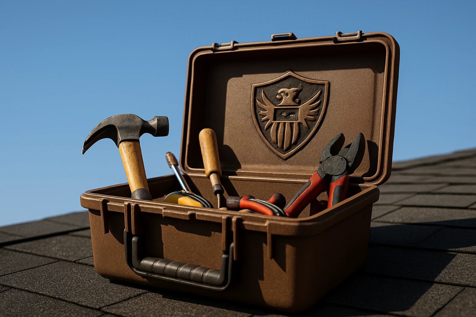 A close-up of a toolbox placed on a roof with a visible All American Roof Shield logo, set against a clear blue sky, highlighting the protection and reliability of their comprehensive warranty services.