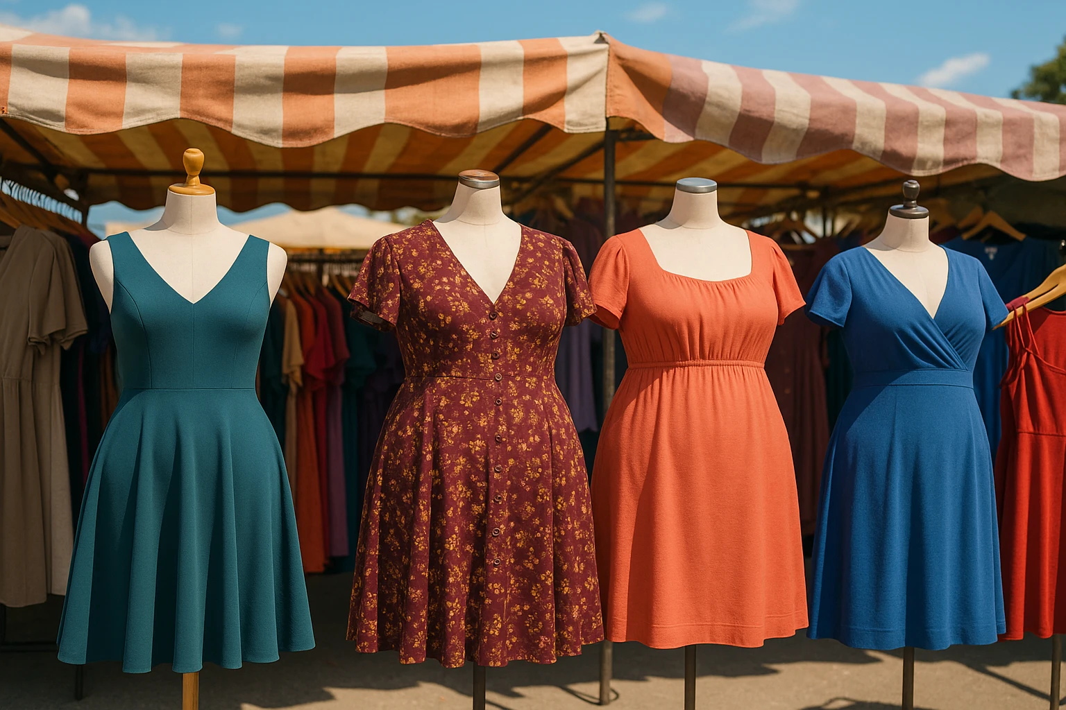 A colorful outdoor market stall featuring a variety of dresses for different body types, with mannequins displaying styles suited for hourglass, pear, and apple shapes, all under a sunny sky.