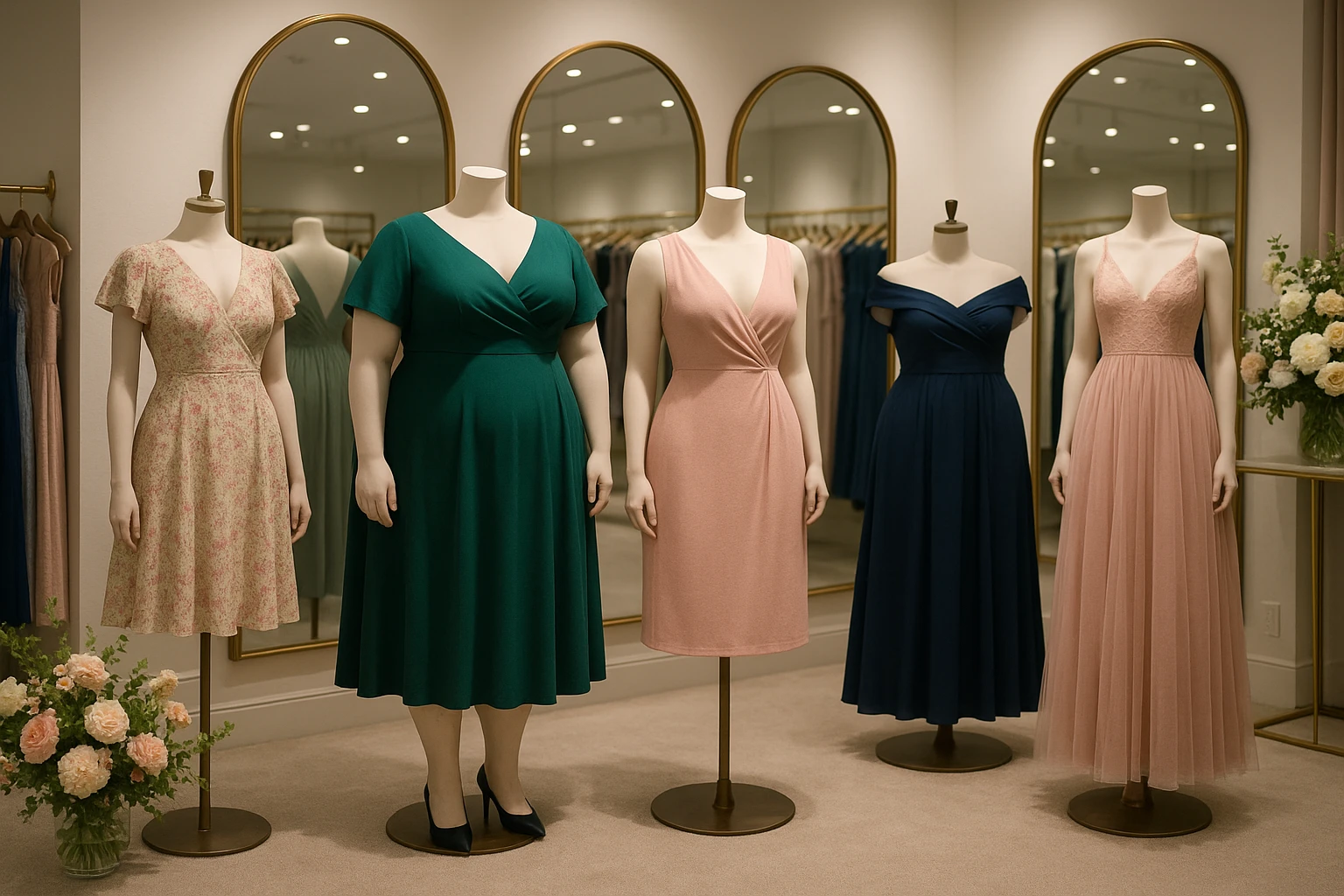 A brightly lit fashion boutique scene with mannequins showcasing an array of dresses tailored for different body types, set against a backdrop of elegant wall mirrors reflecting the diverse collection, accented by floral arrangements and soft, ambient lighting.