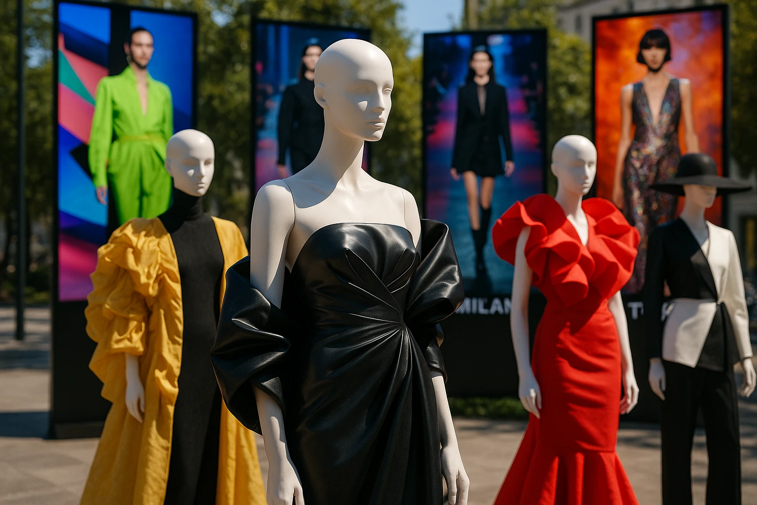 A dazzling outdoor setting with mannequins dressed in avant-garde fashion, surrounded by colorful digital banners displaying the latest designs from Paris, Milan, and Tokyo Fashion Weeks.