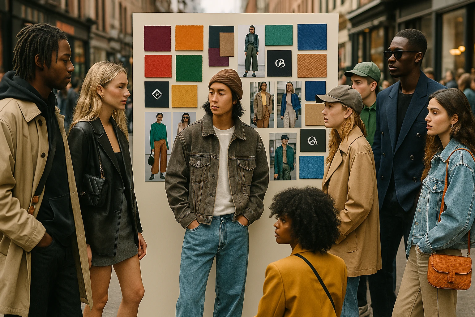 A bustling street fashion scene where stylish young people gather around a pop-up display featuring vibrant mood boards and fabric swatches showcasing upcoming global fashion trends, with iconic brand logos subtly incorporated into the scene.