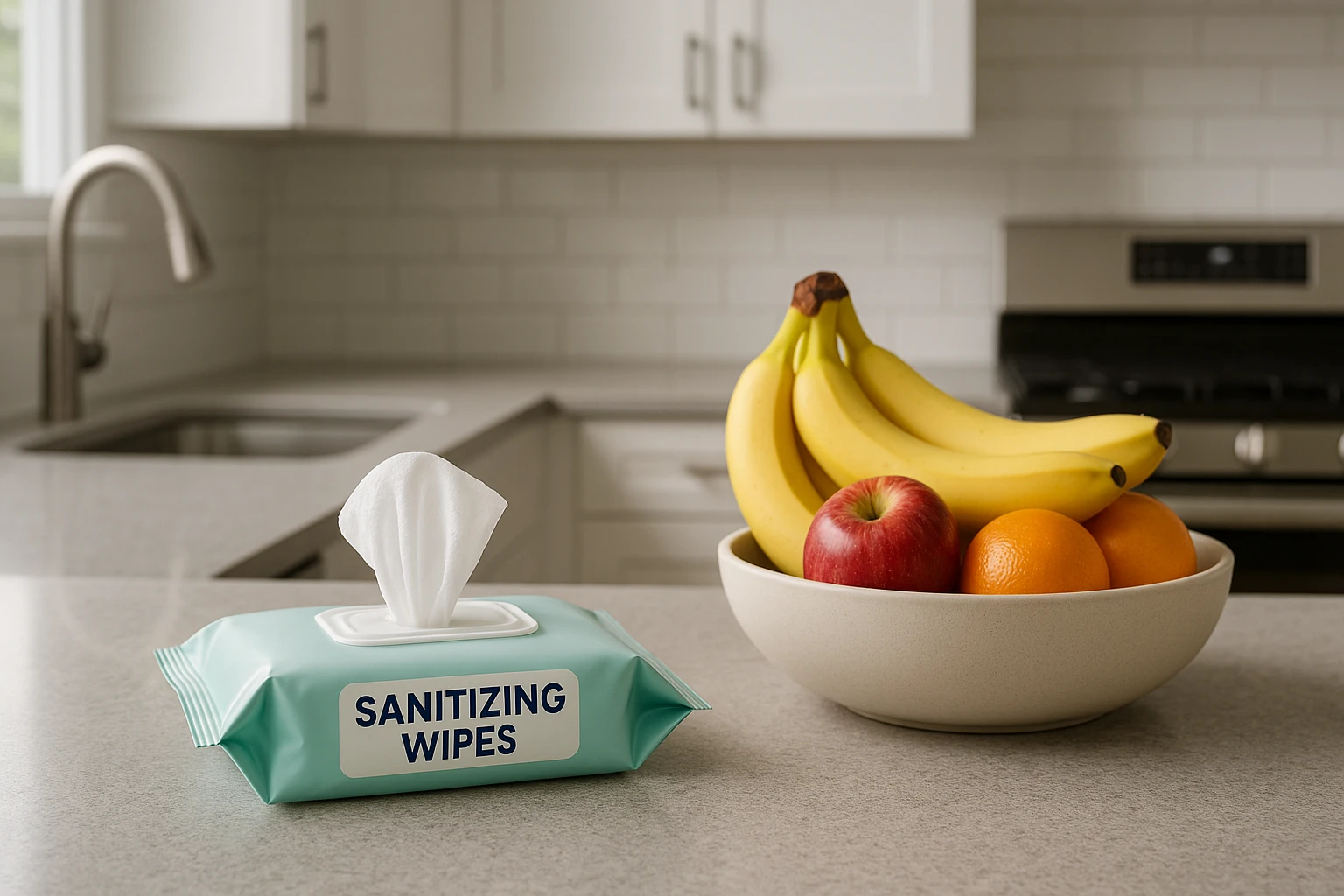 A clean, modern kitchen counter with a pack of branded pre-moistened sanitizing wipes beside a fruit bowl, emphasizing their role in maintaining hygiene in everyday home settings.