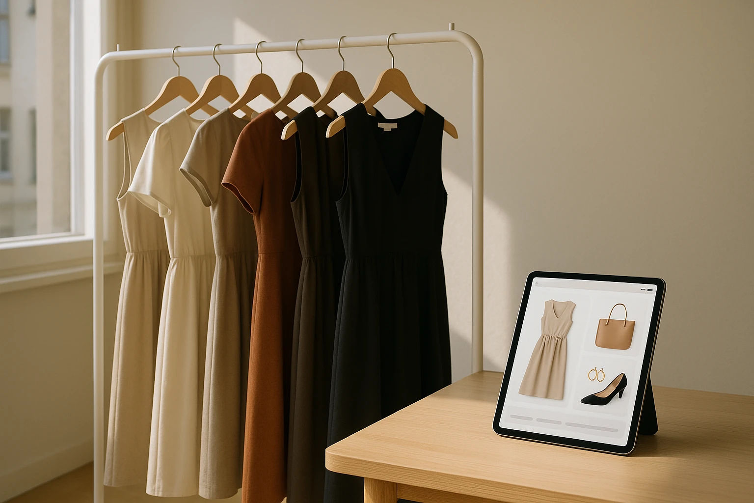 A neatly organized row of stylish dresses hanging on a minimalist clothing rack in a sunlit room, with a tablet resting on a nearby table displaying a digital styling app interface.