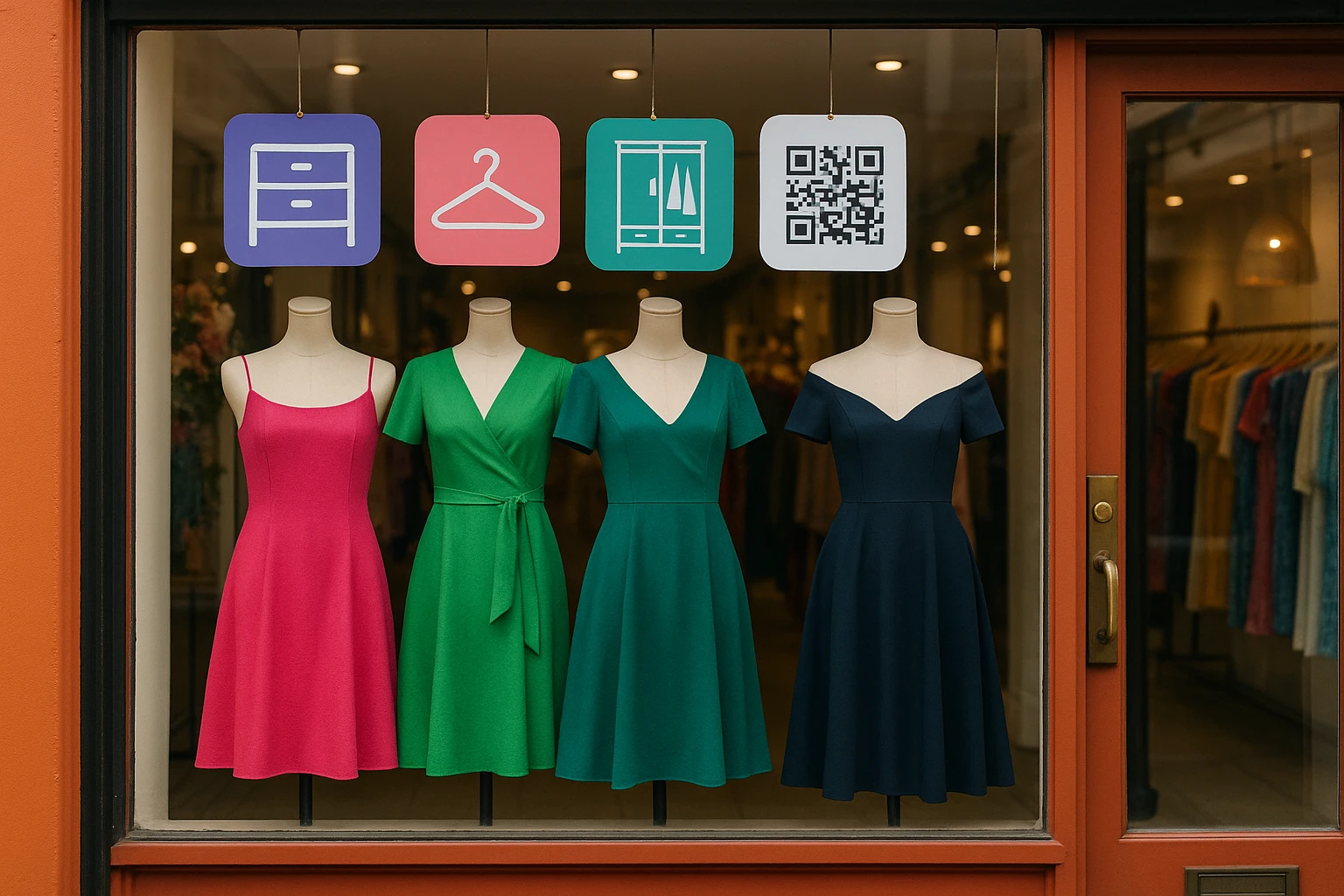 A vibrant boutique storefront displaying mannequins dressed in a mix of trendy and classic dresses, with hanging signs illustrating popular virtual closet app icons and QR codes for online shopping access.