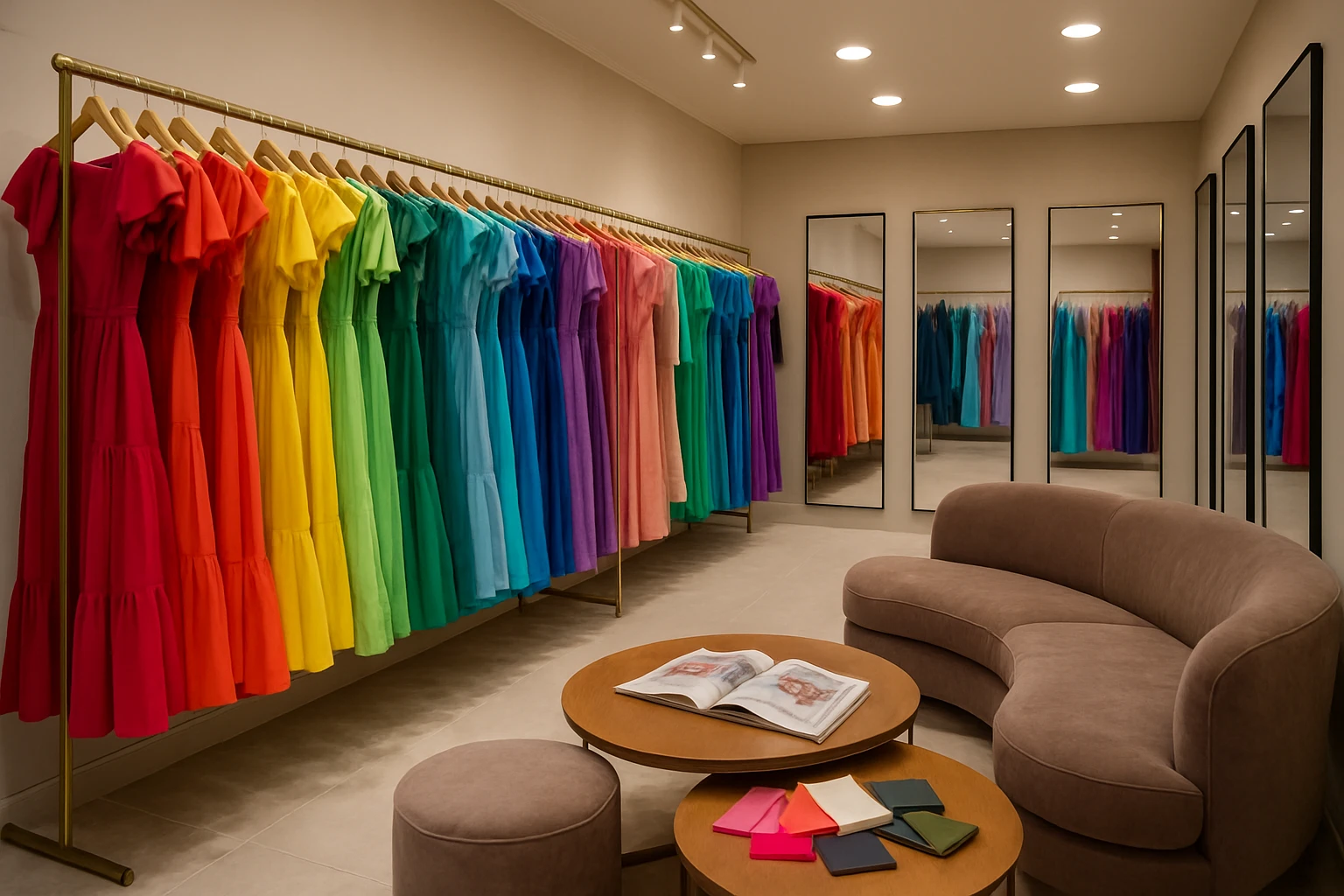 A stylish boutique filled with a variety of vibrant dresses on display racks, a row of full-length mirrors along one side, and a plush seating area adorned with fashion magazines and swatches of fabric for styling inspiration.