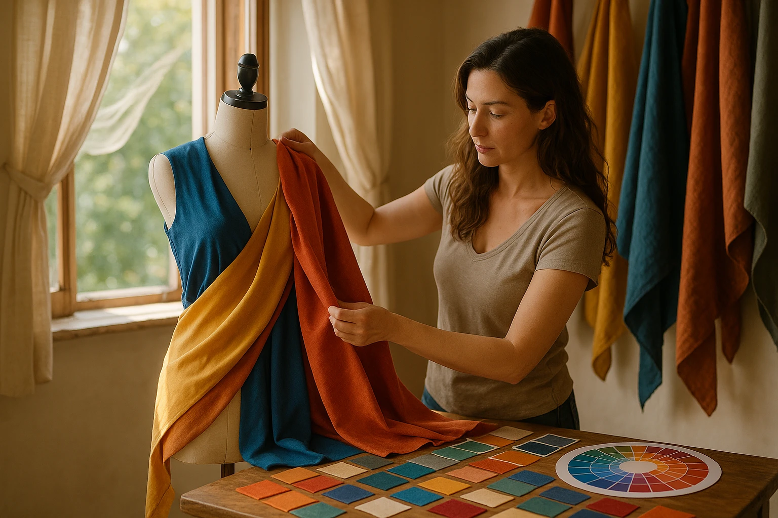 A woman in a sunlit room drapes various colored fabrics over a dress form, surrounded by swatches and a color wheel, with an open window letting in a gentle breeze that rustles the hanging textiles.